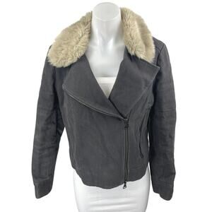 Club Monaco Krisi Gray Faux Fur Collar Asymmetrical Zip Twill Moto Coat Jacket L